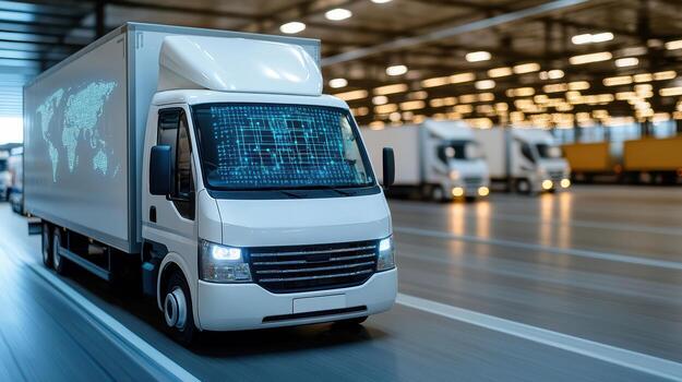 Autonomous delivery truck navigating through logistics center with digital mapping display photo