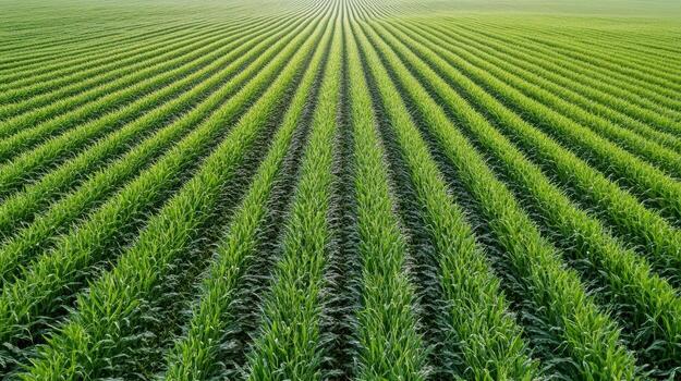 Lush green crop field with neatly arranged rows of plants stretching into distance photo