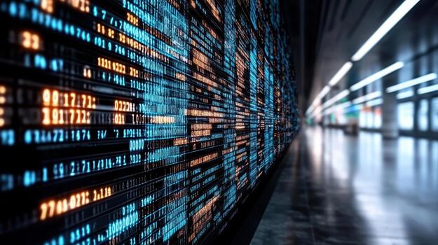 Digital data visualization with glowing binary code and abstract patterns photo