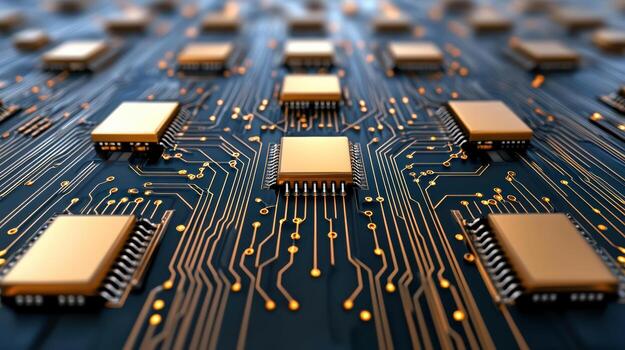 High tech circuit board with microchips and intricate wiring, showcasing advanced technology photo