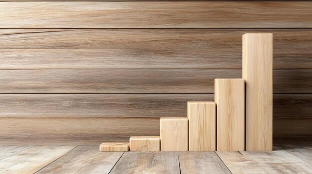 Wooden blocks arranged in bar graph format on wooden surface, symbolizing growth and progress photo