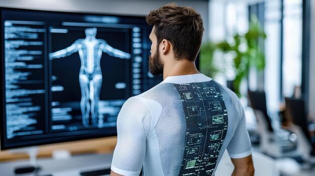 A man wearing a shirt with an image of a medical device on it photo