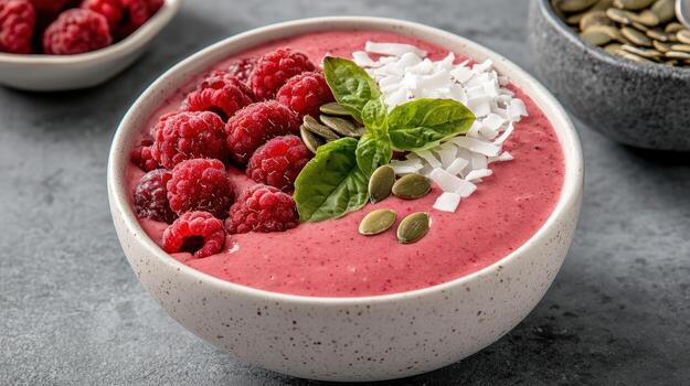 A bowl of smoothie with raspberries and pumpkin seeds photo