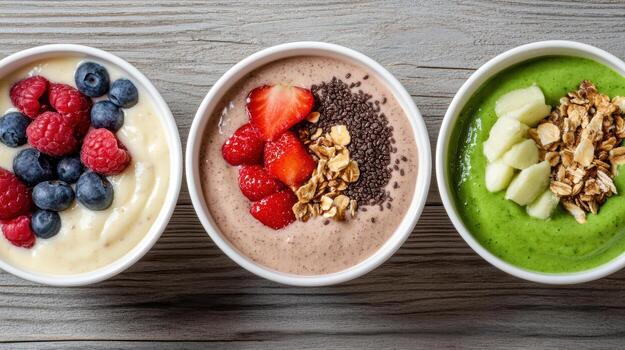 Three bowls of smoothies with fruit and nuts photo
