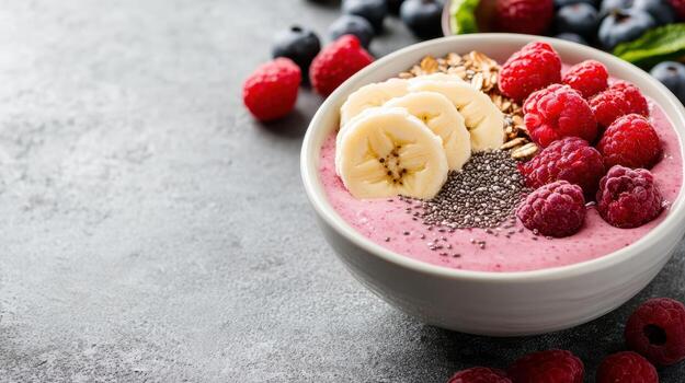 A bowl of fruit and chia seeds with bananas and raspberries photo