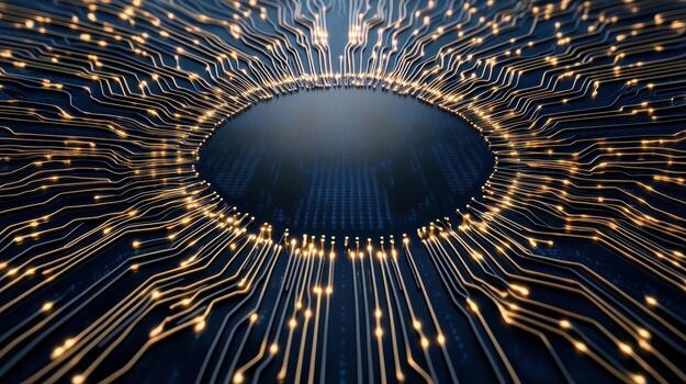 A circular circuit board with glowing lines photo