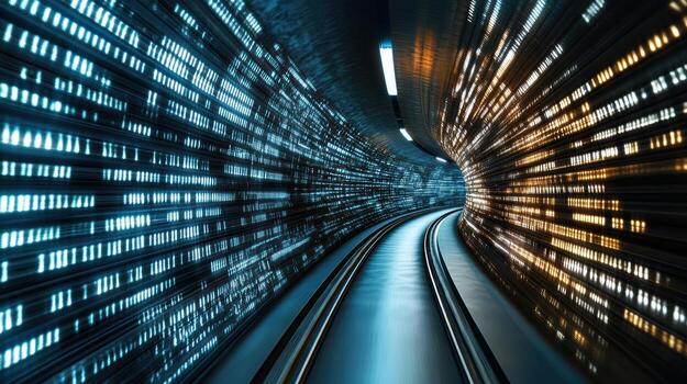 A train going through a tunnel with many lights photo