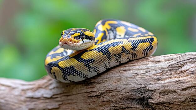 un amarillo y negro serpiente es sentado en un rama foto