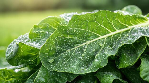 A close up of a large green leaf with water droplets photo