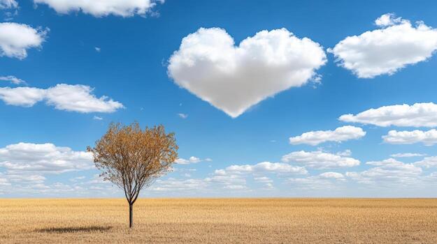 A lone tree in a field with a heart shaped cloud in the sky photo