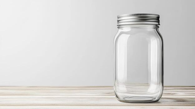 Empty glass jar with lid on wooden table photo
