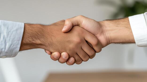 Two people shaking hands over a table photo
