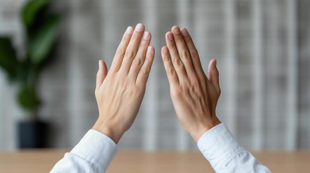 Two hands are raised up in the air photo