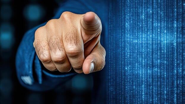 A man pointing at a computer screen with binary code photo