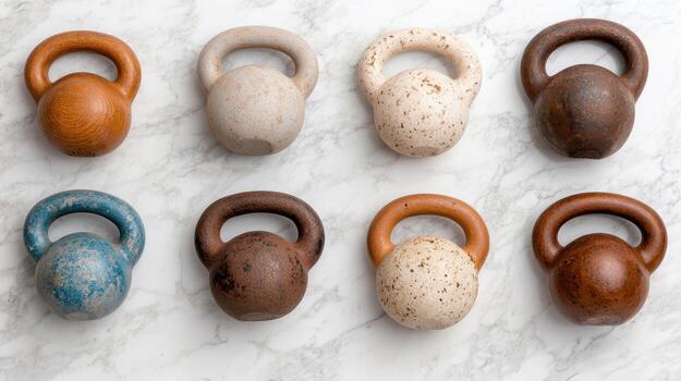 Kettlebells arranged in neat grid on marble surface, showcasing various colors and textures photo