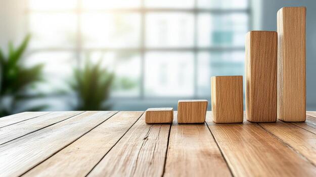 Wooden bar chart representing growth on wooden table with bright background photo
