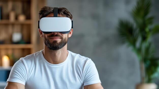 Immersive virtual reality experience with man wearing headset, showcasing technology photo