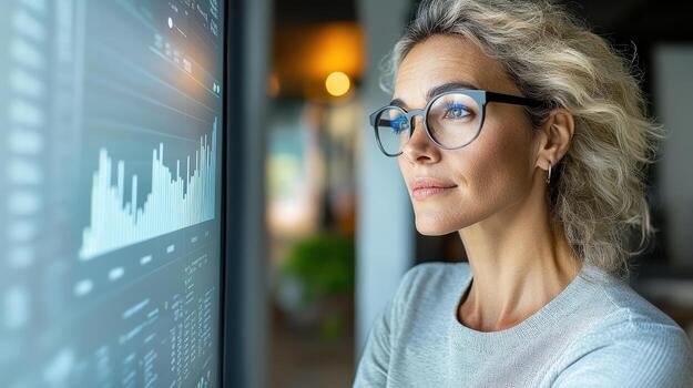 Focused professional analyzing data on screen, showcasing determination and insight photo