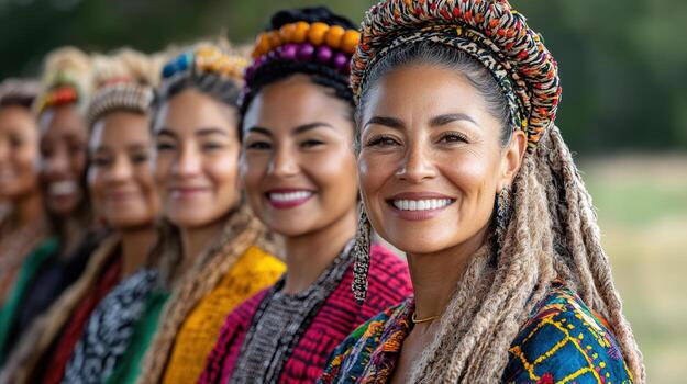 Diverse community members showcase vibrant traditional attire, radiating joy and unity photo