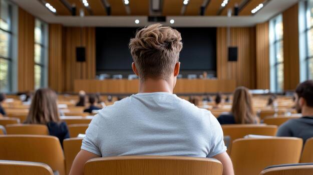 Student sits attentively university lecture hall, surrounded by peers, focused presentation photo
