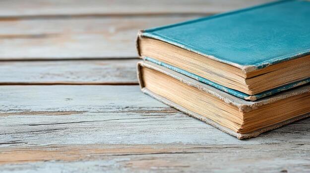Worn books stacked on rustic wooden surface, showcasing their aged spines and pages photo