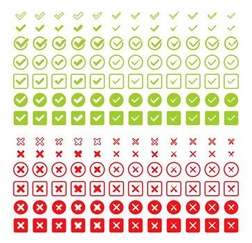 Set Check marks and crosses. Tick and X mark icon. Approved or Rejected, Correct or Wrong. stock illustration vector