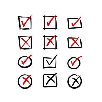 Set colletion of doodle hand drawn checkbox tick and cross, checkbox list of approval and rejection vector