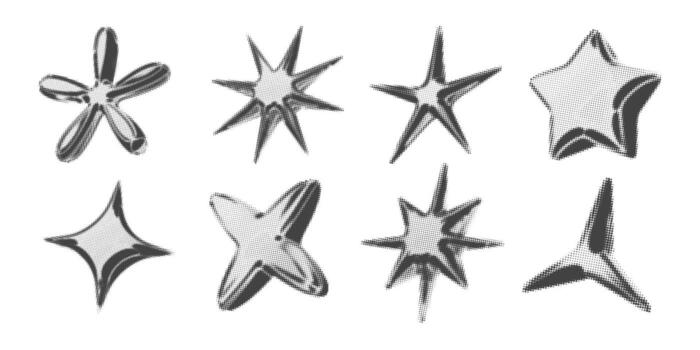 y2k 3d cromo trama de semitonos estrella forma retro resumen elemento ilustraciones colocar. vector