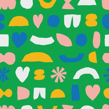 Playful Seamless Pattern with Hand-Drawn Abstract Shapes on a Green Background vector
