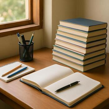 Illuminated study corner featuring a stack of books and open notebooks suggesting quiet learning photo