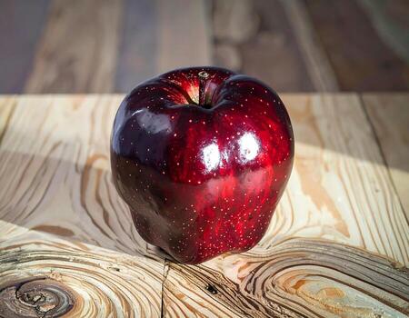 Ruby red apple sitting on a textured wooden surface bathed in gentle sunlight creating a still photo