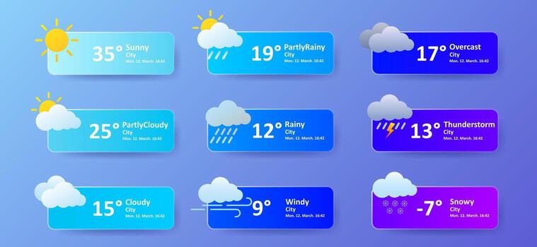 Weather forecast icons set with different weather conditions vector