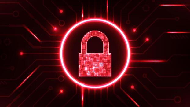 Central security lock with digital circuit, red core cyber protection concept vector