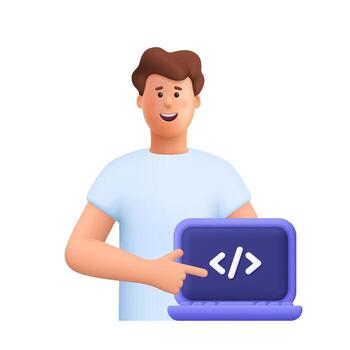 joven sonriente hombre James señalando a ordenador portátil computadora con código símbolo. web desarrollo, programación idioma y codificación concepto. 3d personas personaje. dibujos animados mínimo estilo. vector
