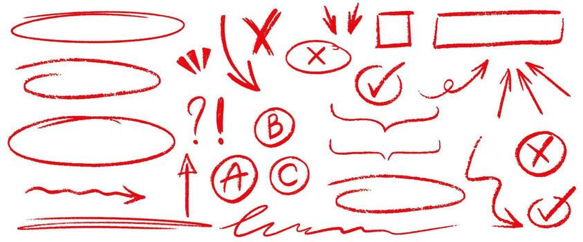 Hand drawn red pencil various arrows, oval, direction pointers, check marks. doodle marker drawing. Charcoal drawn elements for diagrams. Freehand grunge strikethrough and underline elements vector
