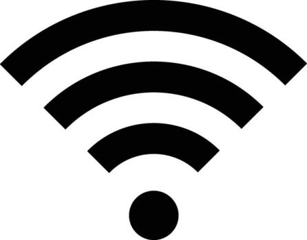 A simple, bold, black and white icon representing a wireless signal. It features a solid circle with three progressively larger, concentric arcs above it, symbolizing a Wi-Fi connection. vector