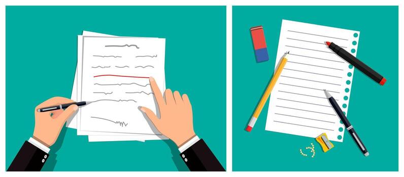 Man making notes on paper document. vector