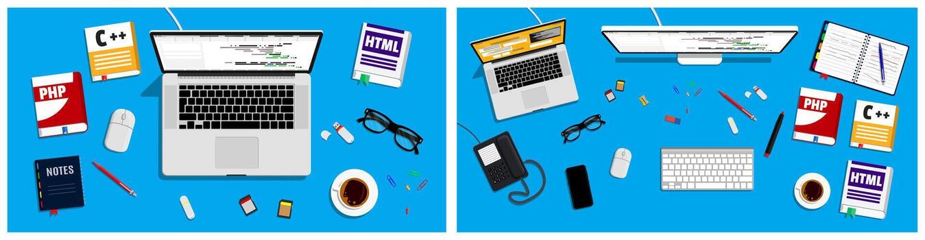 Coding workspace with laptops and books vector