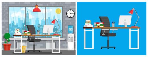 oficina lugar de trabajo interior diseño con ciudad ver vector