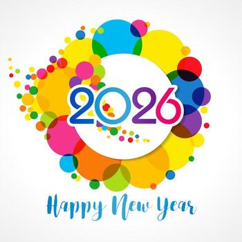 Happy New Year 2026 creative label. Colorful circle, 3D paper graphic element, Christmas ball design. Web icon, white background. Square greeting card. vector