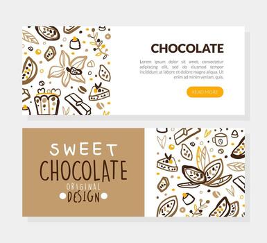 Chocolate Landing Page Template, Sweet Chocolate Website Interface with Cocoa Beans and Sweets Seamless Pattern Illustratio vector