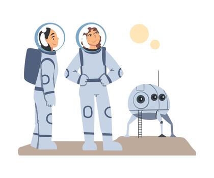 Astronauts in Spacesuits Exploring another Planet, Space Tourism Concept Cartoon Illustration vector