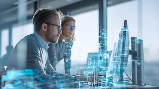 Software engineers developing innovative futuristic city simulation software photo