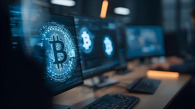 Bitcoin cryptocurrency showing on computer screen in data center photo