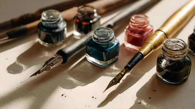 Calligrapher tools lying on paper with ink bottles creating shadows photo