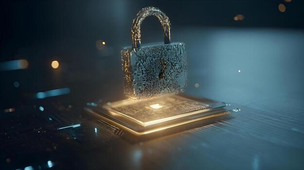 Digital padlock hovering over microchip protecting data security photo