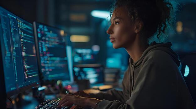 software desarrollador escritura código en computadora en oficina a noche foto