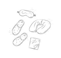 viaje dormido accesorios conjunto para descansando con dormir máscara para ojos, hoja, zapatillas, cuello almohada dibujado en gráfico estilo en blanco antecedentes vector