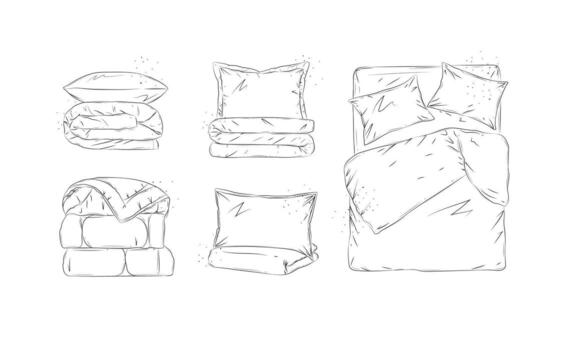 Bedding set with elements pillow, folded blanket, sheet, bed for bedroom drawn in graphic style on white background vector
