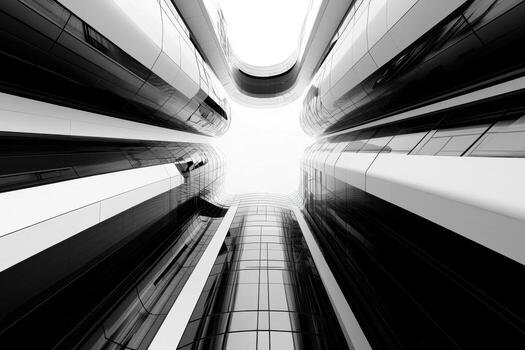 Black and white photograph of a building with a sky in the background photo